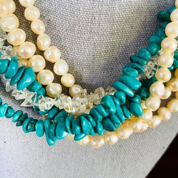 Lucas Lameth LUC 925 CN Sterling Silver Turquoise Pearl and Quartz Multi Layered - Picture 2 of 4